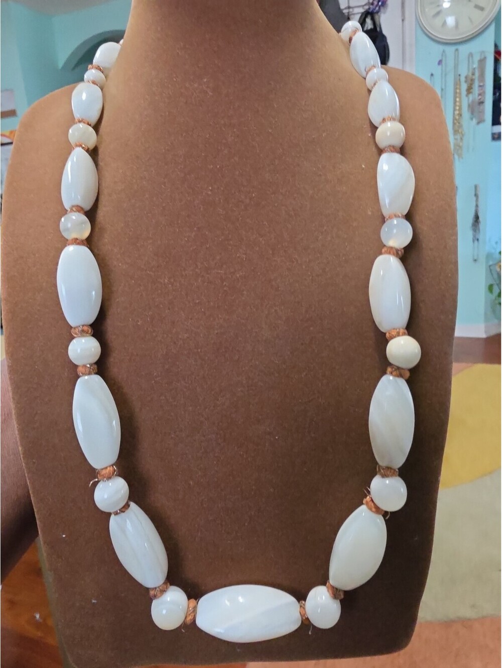 WHITE Chalcedony 24" Necklace Stone Hand Knotted Silk Spacers VNTG 1960s